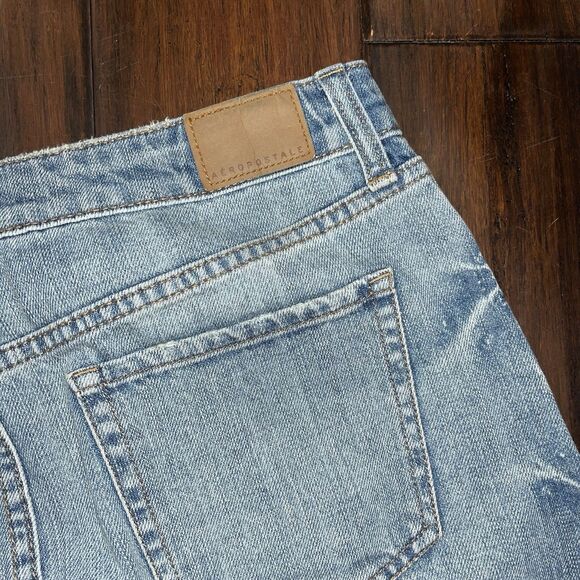 Aeropostale / Denim Blue Jean Raw Edge Hem Fringe A-Line Mini Skirt / Size 8 - Picture 5 of 7